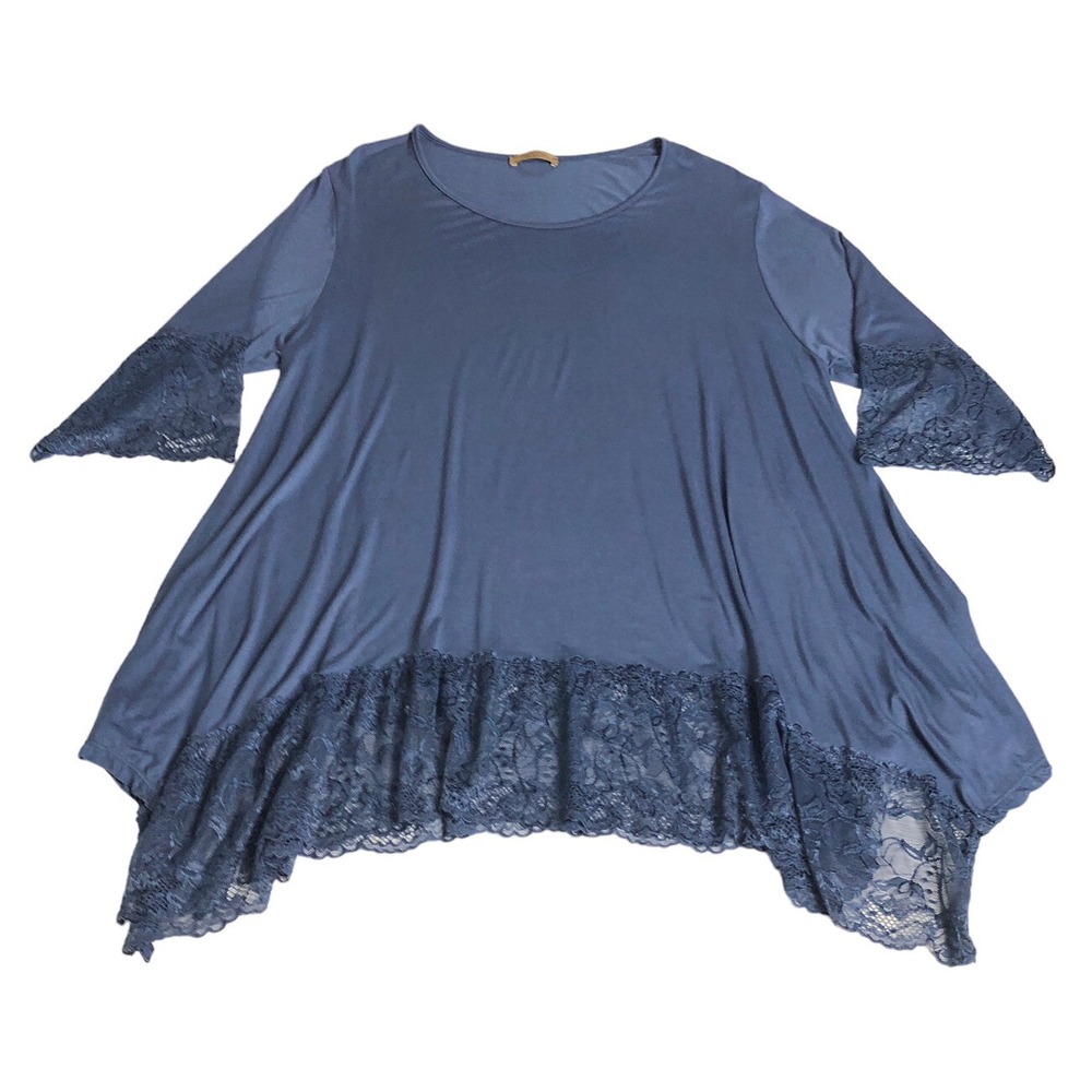 Beyond Capri Tunic‎ Top Womens OS Blue Oversized Lace Hem Lagenlook Boho Italy